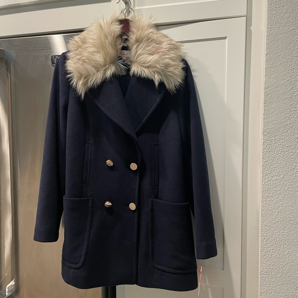 NWT Eliza J Navy Pea Coat with Faux Fur Collar